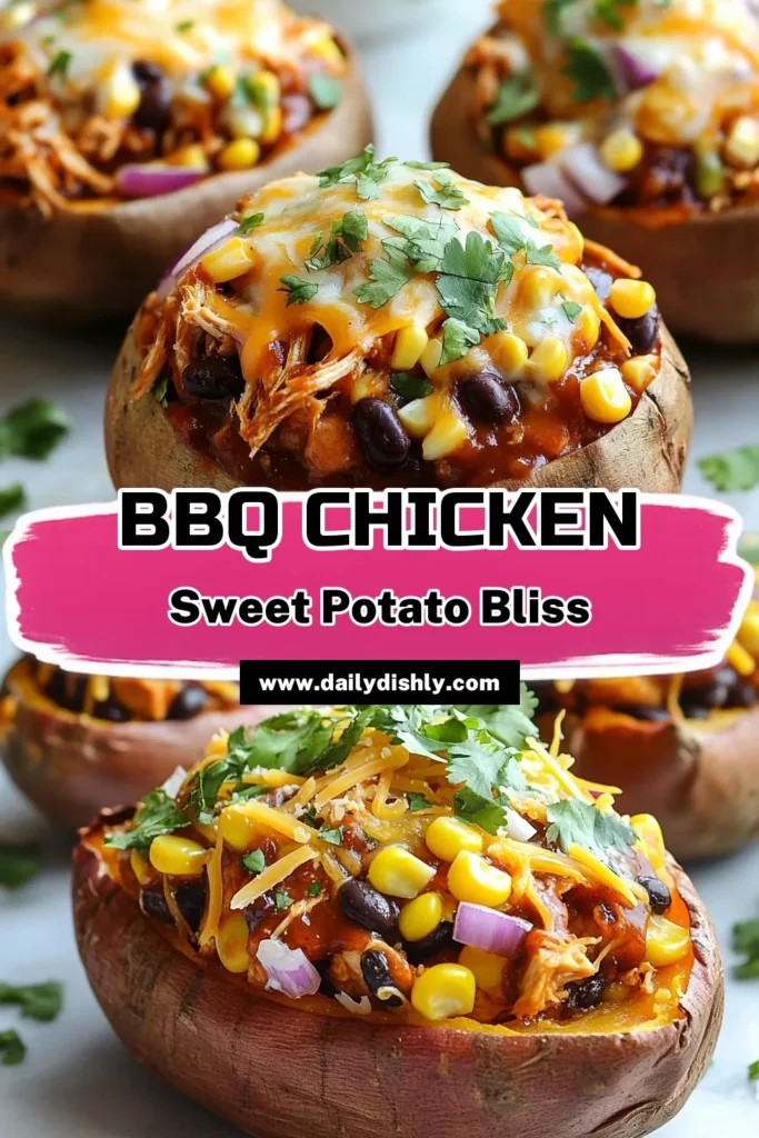 Looking for a deliciously healthy dinner option? Try these BBQ chicken stuffed sweet potatoes! This easy BBQ chicken dinner features tender sweet potatoes filled with shredded chicken, BBQ sauce, corn, black beans, and topped with melty cheese. Perfect for a quick weeknight meal, this cheesy BBQ sweet potato recipe is a must-try. Save this healthy stuffed sweet potato recipe for a tasty weeknight treat! #BBQChickenStuffedSweetPotatoes #HealthyEating #DinnerInspiration #SweetPotatoRecipes