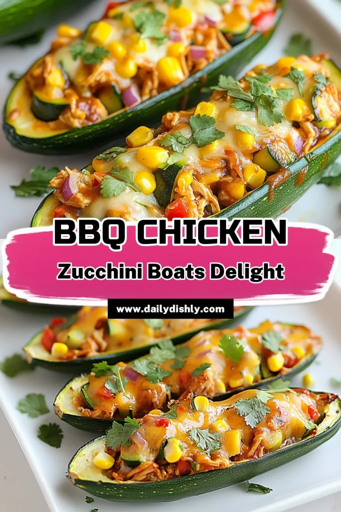 Looking for a delicious twist on dinner? Try this BBQ Chicken Stuffed Zucchini! Packed with tender chicken, BBQ sauce, and fresh veggies, these stuffed zucchini boats are a perfect healthy meal. They're great for anyone seeking healthy zucchini recipes or tasty BBQ chicken recipes. Enjoy the flavors in this chicken zucchini casserole that’s easy to make and full of goodness. Save this recipe for your next meal! #BBQChickenStuffedZucchini #HealthyZucchiniRecipes #StuffedZucchiniBoats #BBQChickenRecipes