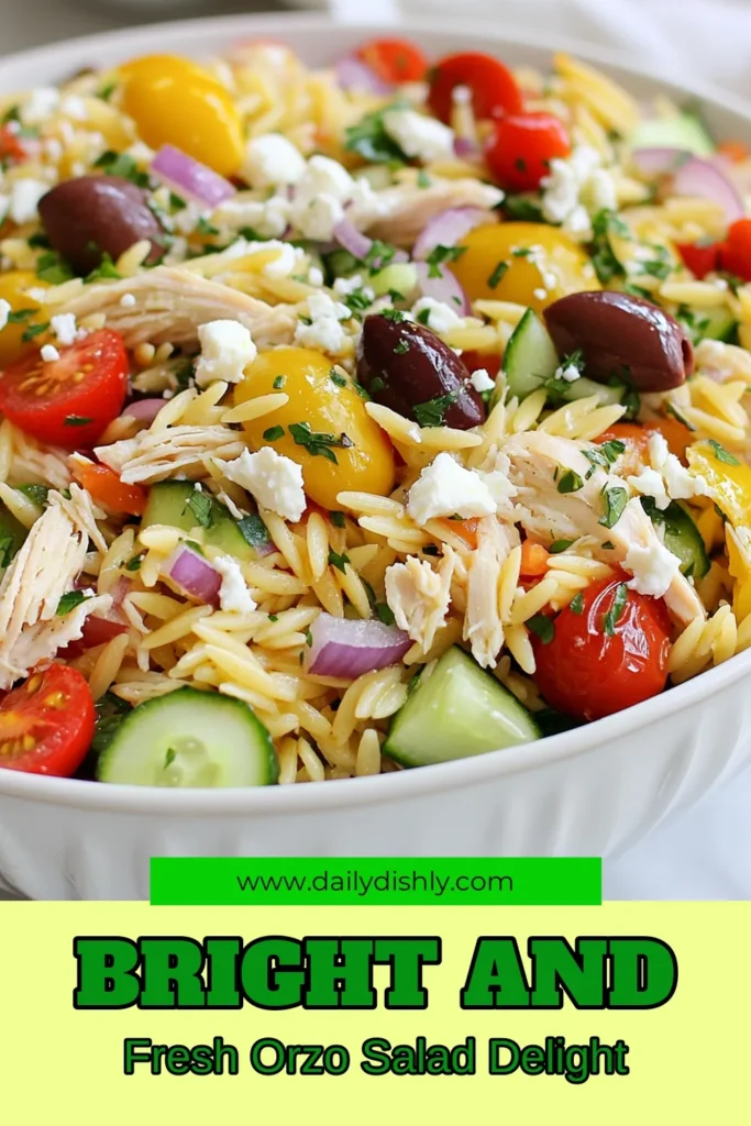Discover the vibrant flavors of this Mediterranean Orzo Salad with Chicken! This healthy Chicken Orzo Salad is perfect for warm days and pairs wonderfully with Kalamata olives and creamy feta. Packed with veggies, it’s one of the best cold pasta salad recipes you’ll make this summer. Try this quick and easy recipe today for a delicious and nutritious meal. Save for later! #HealthyMediterraneanRecipes #OrzoSaladWithFeta #MediterraneanOrzoSalad #ColdPastaSaladRecipes