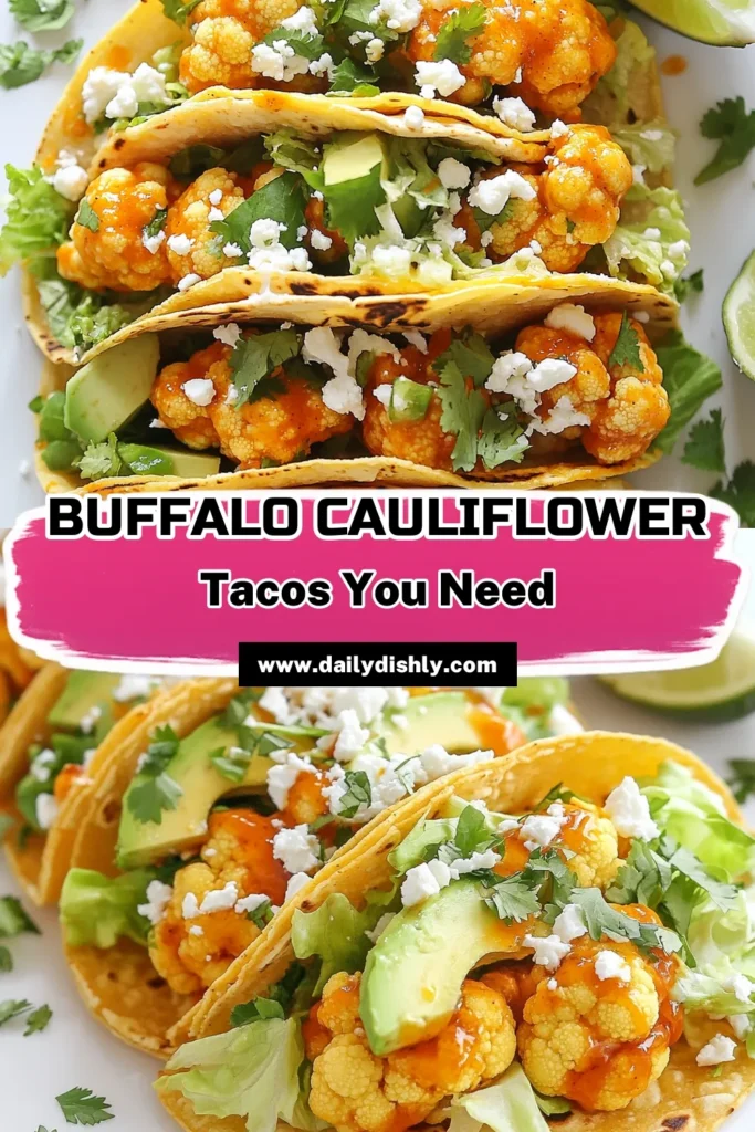 Get ready to spice up your healthy taco night with these delicious Buffalo Cauliflower Tacos! Perfect for vegetarians, this recipe features crispy baked cauliflower tossed in zesty buffalo sauce, making it a standout dish among vegetarian taco recipes. Serve these spicy cauliflower tacos in warm tortillas topped with fresh avocado and zesty lime. Save this recipe for your next taco night and enjoy a guilt-free treat! #BuffaloCauliflowerTacos #HealthyTacoNight #SpicyCauliflowerRecipes #VegetarianTacoRecipes