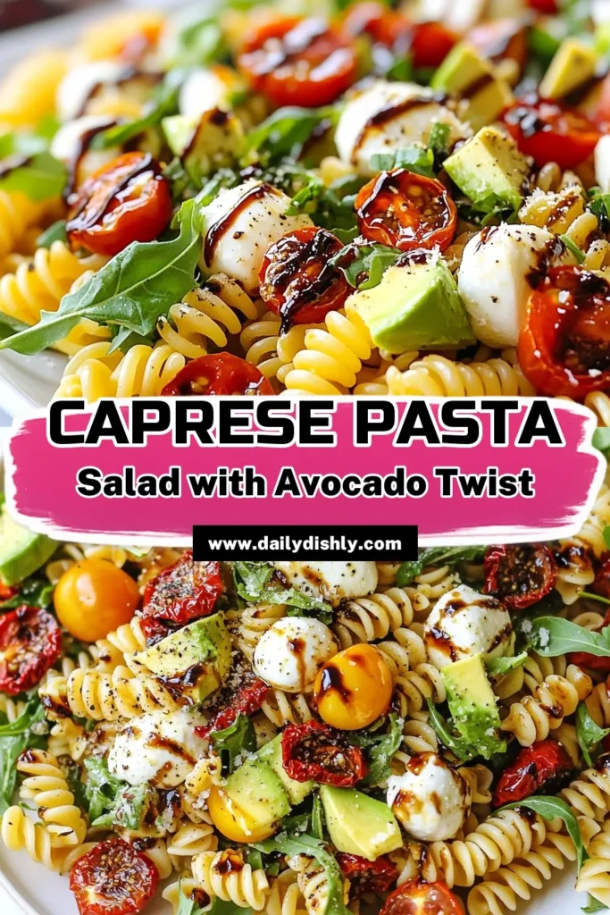 Elevate your gatherings with this delightful Caprese Pasta Salad! This easy pasta salad combines fusilli pasta, cherry tomatoes, fresh mozzarella, and creamy avocado for a burst of flavor in every bite. Drizzled with balsamic glaze, this balsamic pasta salad is perfect for summer picnics or quick weeknight dinners. Try this Fusilli salad recipe today and enjoy a refreshing twist on your favorite Avocado Pasta Salad. Don't forget to save it for later! #CapresePastaSalad #PastaSalad #EasyRecipes #SummerSalads