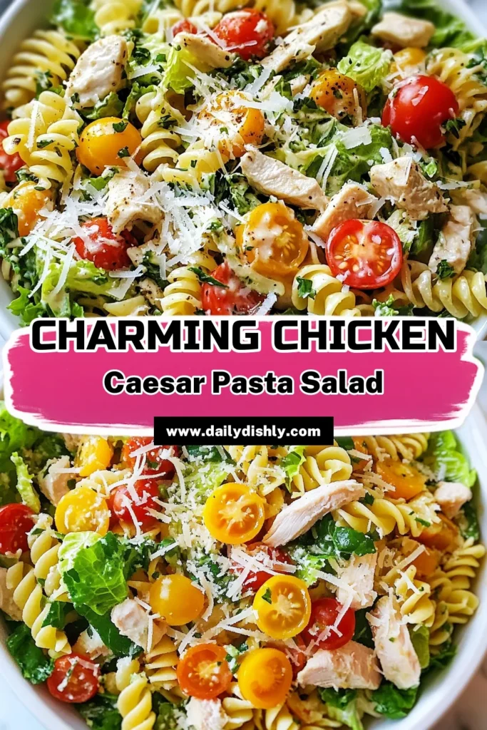 Discover the perfect Chicken Caesar pasta salad that's both delicious and nutritious! This easy pasta salad recipe features rotini pasta, juicy diced chicken, fresh romaine, and cherry tomatoes, all topped with a homemade Caesar dressing or store-bought option. It's a healthy chicken salad that's sure to impress. Make it for lunch or dinner and enjoy a delightful meal. Save this recipe for later! #ChickenCaesarPastaSalad #RotiniPastaRecipe #EasyPastaSalad #HealthyChickenSalad
