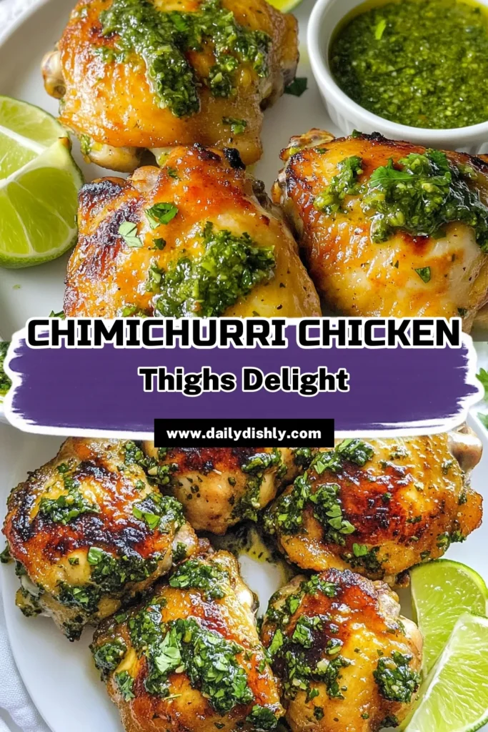 Discover the deliciousness of Chimichurri Chicken Thighs with this easy grilled chicken thighs recipe. Marinated chicken thighs soak up a flavorful easy chimichurri sauce, making every bite irresistible. Whether you bake them in the oven or grill them, these oven-baked chicken thighs are perfect for any occasion. Get ready to impress your guests with this simple yet tasty dish. Save this recipe for later! #ChimichurriChicken #GrilledChicken #MarinatedChicken #EasyRecipe