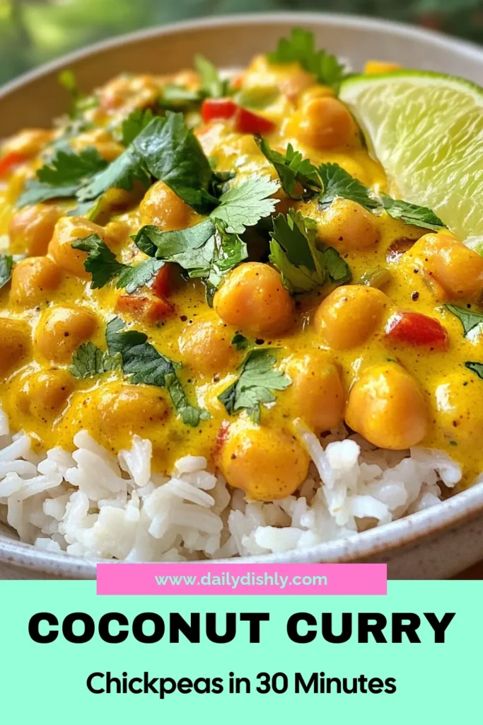 Discover the deliciousness of Coconut Curry Chickpeas with this easy vegan coconut curry recipe! In just 30 minutes, you can whip up a flavorful vegetarian curry dish packed with chickpeas and creamy coconut milk. This easy chickpea curry is perfect for busy weeknights and can be served over fluffy basmati rice. Try this comforting curry today and enjoy a nutritious meal! Save this recipe for later! #CoconutCurryChickpeas #VeganRecipes #EasyChickpeaCurry #VegetarianCurryDish