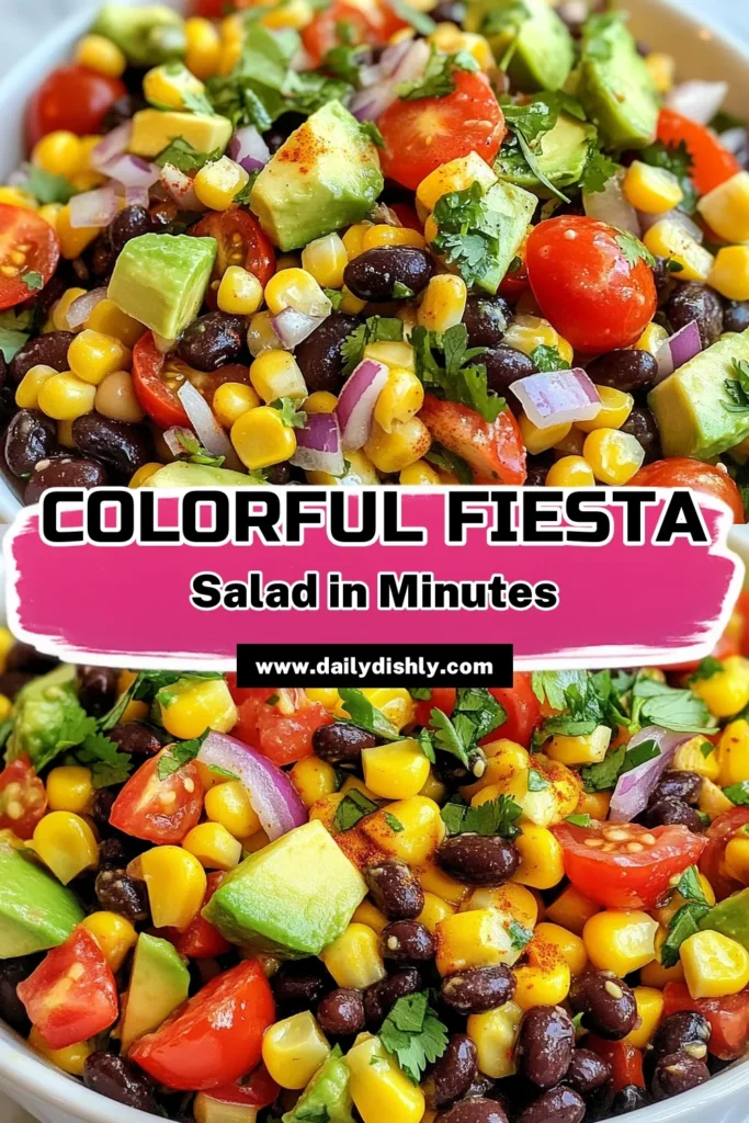 Get ready to spice up your meal with this Fiesta Corn Black Bean Salad! This healthy bean salad recipe is packed with fresh ingredients like corn, black beans, diced veggies, and creamy avocado. Perfect as a side dish or a light meal, this Mexican-style salad is both easy to make and bursting with flavor. Try this easy avocado salad recipe for a colorful and nutritious addition to your table. Save this recipe for your next gathering! #FiestaCornBlackBeanSalad #HealthySalad #MexicanStyleRecipe #EasyRecipes