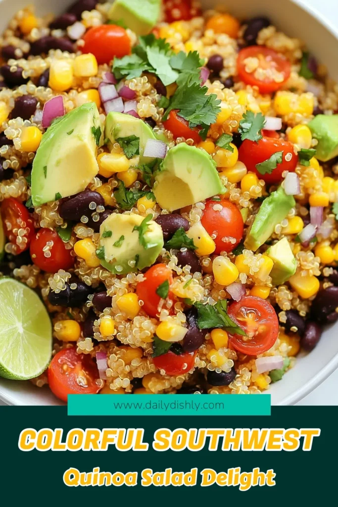 Discover the ultimate Southwest quinoa salad recipe that's packed with flavor and nutrition! This healthy quinoa salad features black beans, corn, and fresh veggies, making it the perfect vegetarian quinoa salad. Ideal for meal prep or a quick weeknight dinner, this easy quinoa recipe will delight your taste buds. Try it today and enjoy a refreshing, satisfying dish! Save this easy recipe for later! #QuinoaSalad #HealthyRecipes #Vegetarian #EasyQuinoaRecipes