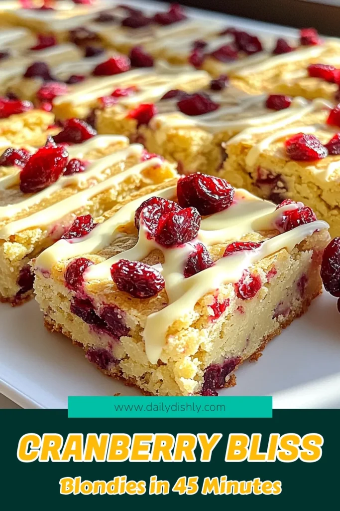 Indulge in the sweetness of Cranberry Bliss White Chocolate Blondies with this easy recipe! These delicious treats combine creamy white chocolate and tart cranberries for a perfect dessert that everyone will love. Ideal for gatherings or a cozy night in, these blondies are simple to make and irresistible. Click through to explore the full recipe and impress your friends and family! #CranberryBlissBlondies #BakingRecipes #DessertIdeas #HolidayTreats