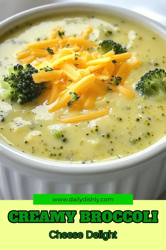 Indulge in this creamy broccoli cheddar soup that's perfect for any day! This easy broccoli cheddar recipe combines fresh broccoli florets with rich cheddar for a comforting homemade broccoli cheese soup that's both delicious and healthy. In just 30 minutes, you'll have a comforting dish ready to enjoy. Try this creamy broccoli soup recipe today and bring warmth to your table! Save this for later! #BroccoliCheddarSoup #HomemadeSoup #ComfortFood #HealthyEating