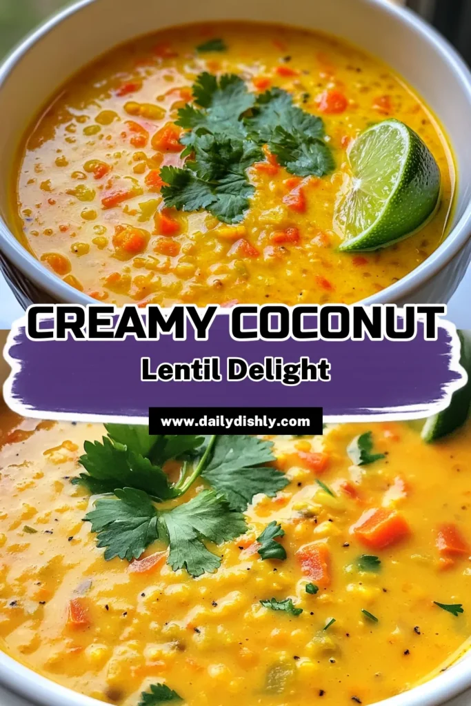Indulge in this creamy coconut lentil soup, a delightful vegan lentil soup recipe packed with flavor and nutrition. This healthy coconut soup combines red lentils, coconut milk, and vibrant veggies for an easy lentil soup that's perfect for any meal. Ready in just 35 minutes, it's a delicious, comforting bowl of goodness! Save this recipe now and bring warmth to your kitchen. #CreamyCoconutLentilSoup #VeganLentilSoup #HealthyCoconutSoup #EasyLentilSoup