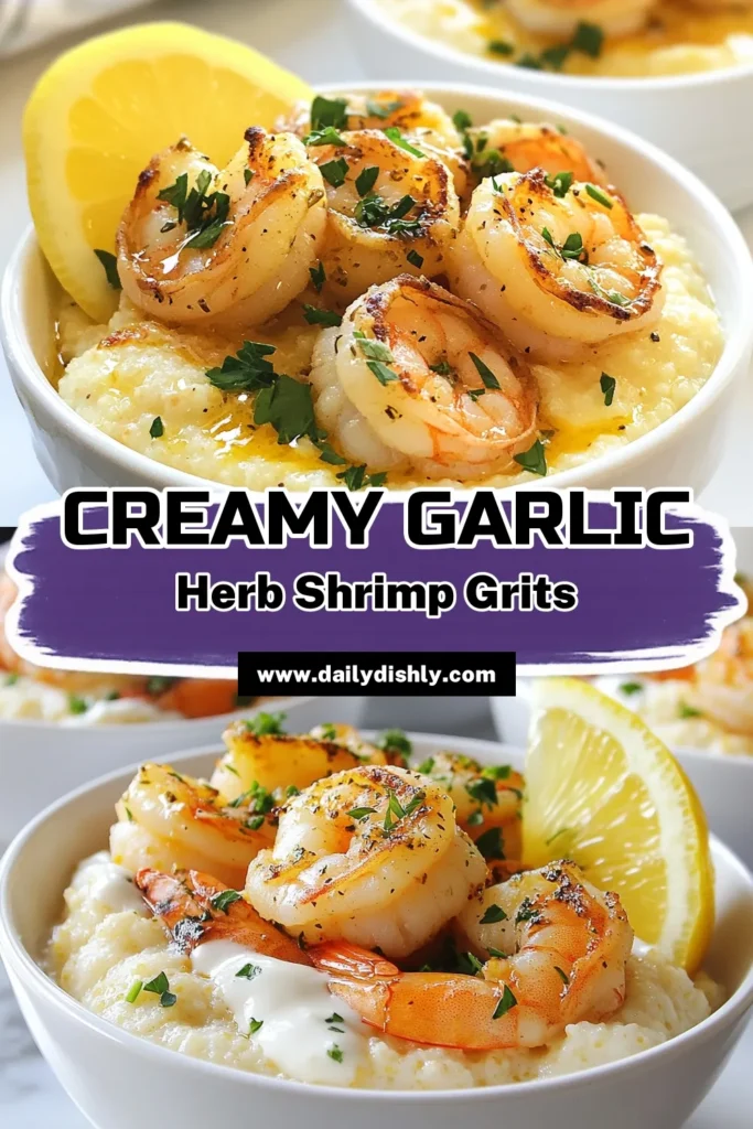 Savor the taste of the South with this Garlic Herb Shrimp and Grits recipe! This easy garlic shrimp dish features creamy grits and perfectly seasoned shrimp, making it a delicious dinner option. Perfect for busy nights, this shrimp and grits with herbs dish serves 4 and can be made in just 35 minutes. Try this creamy grits recipe tonight! Get the full recipe and enjoy some Southern comfort food. #ShrimpAndGrits #EasyRecipes #SouthernFood #GarlicShrimp