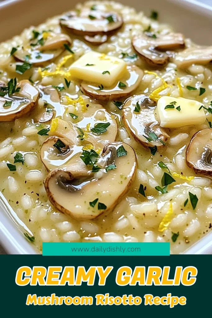 Create a delicious Garlic Butter Mushroom Risotto that’s creamy, flavorful, and perfect for any occasion! This simple recipe uses Arborio rice, fresh mushrooms, and garlic, delivering a delightful dish that will impress your family and friends. Ready in just 30 minutes, it’s a must-try for cozy dinners. Click to explore the full recipe and savor the taste of comfort! #GarlicButterRisotto #MushroomRecipes #ComfortFood #EasyDinnerIdeas