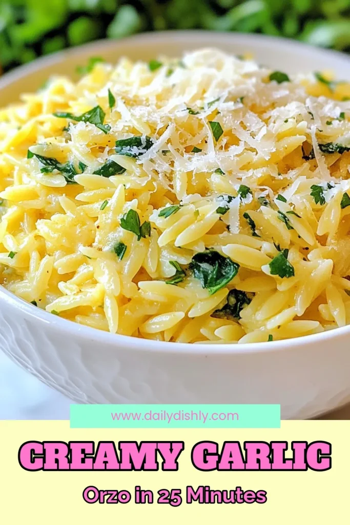 Discover the delightful flavors of Creamy Lemon Garlic Orzo, a quick dinner recipe that’s perfect for busy weeknights! This vegetarian orzo dish features a luscious lemon garlic pasta sauce that will elevate your meals. Made with simple ingredients like orzo pasta, fresh spinach, and creamy goodness, it's a must-try! Save this easy recipe for a delicious dinner idea. #CreamyLemonGarlicOrzo #OrzoPastaRecipes #QuickDinnerRecipes #VegetarianOrzoDishes