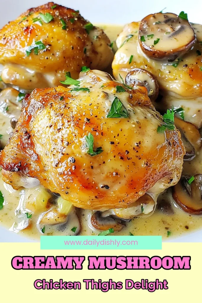 Indulge in this creamy mushroom chicken thighs recipe that's perfect for an easy chicken dinner! These skillet chicken thighs are seared to perfection and coated in a comforting creamy sauce made with fresh mushrooms and garlic. Impress your family with this quick yet delicious dish that combines great flavor with minimal effort. Save this comforting chicken recipe for tonight’s dinner! #CreamyMushroomChickenThighs #EasyChickenDinner #SkilletChickenThighs #ComfortingChickenRecipes