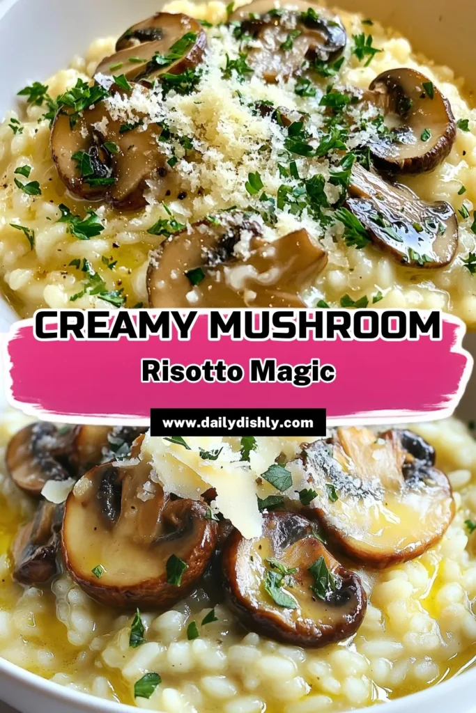 Discover the ultimate Creamy Mushroom Risotto that's sure to impress! This easy Arborio Rice Recipe combines rich flavors from mixed mushrooms with creamy Parmesan for a delightful Vegetarian Risotto. With just 30 minutes of prep, you can enjoy an elegant dish perfect for any occasion. Save this Easy Mushroom Risotto recipe and elevate your meals. Try it today! #CreamyMushroomRisotto #VegetarianRisotto #EasyMushroomRisotto #ArborioRiceRecipe