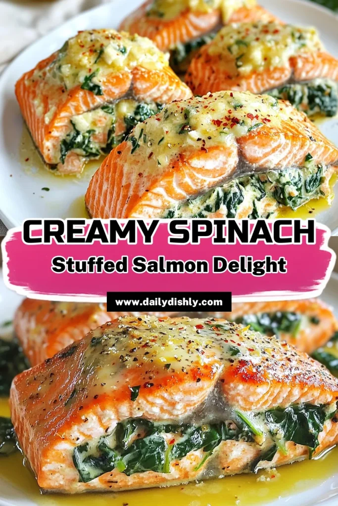 Indulge in a delightful dinner with this Creamy Garlic Spinach Stuffed Salmon recipe that's both healthy and easy to make! This Baked Salmon with Cream Cheese is packed with flavor and nutrition, making it a perfect healthy salmon dinner. Impress your family or guests with this delicious spinach stuffed salmon recipe. Ready in just 35 minutes, it's a must-try! Save this recipe for your next meal! #EasySalmonRecipes #HealthyDinner #StuffedSalmon #SalmonRecipes