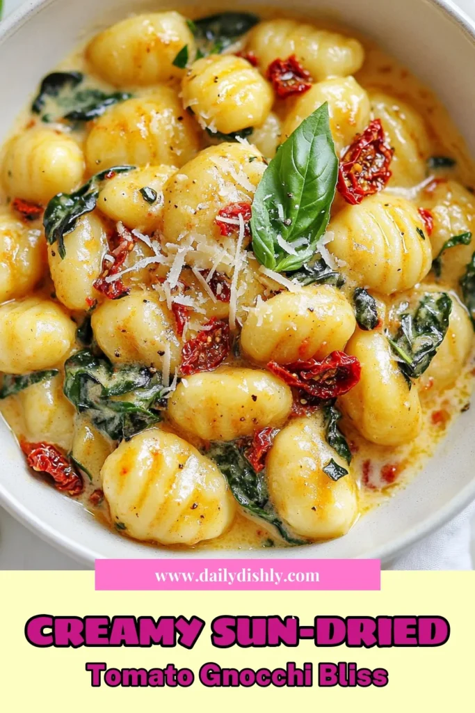 Indulge in this creamy sun-dried tomato gnocchi, the perfect easy gnocchi recipe for weeknight dinners! This creamy dish incorporates sun-dried tomatoes and fresh spinach, creating a rich flavor profile that lovers of sun-dried tomato pasta dishes will adore. Quick to prepare, this homemade gnocchi with cream is a delightful choice for a satisfying meal. Try it today and elevate your pasta night. Save this recipe and enjoy! #CreamyGnocchi #PastaNight #QuickRecipes #HomemadeGnocchi