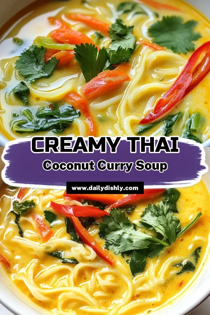 Indulge in this delicious Thai Coconut Curry Soup—a vegetarian coconut curry that’s perfect for cozy evenings. This easy Thai noodle soup combines rich coconut milk with vibrant veggies and rice noodles for a hearty meal. Discover the flavors of this delightful rice noodle soup recipe and whip up your own coconut milk soup recipe in just 30 minutes! Save this recipe for your next dinner! #ThaiCurry #VegetarianRecipes #NoodleSoup #CoconutMilk