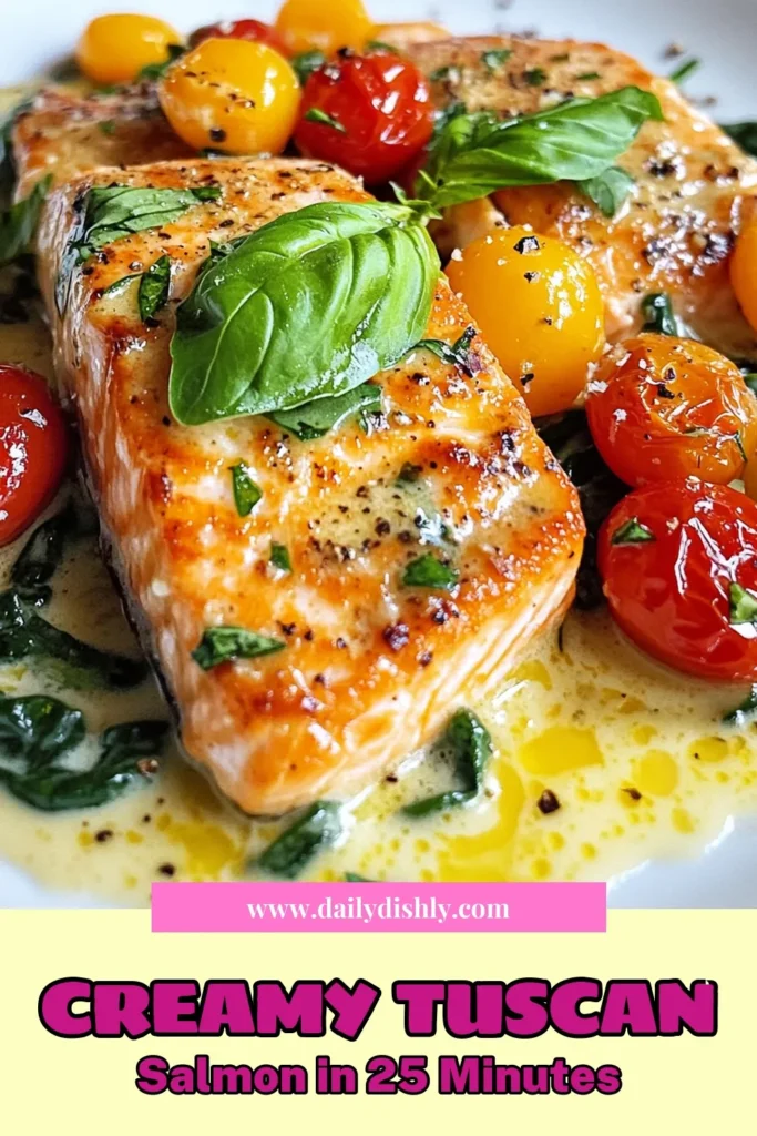 Indulge in this delicious Creamy Garlic Tuscan Salmon, a perfect recipe for busy weeknights! In just 30 minutes, enjoy succulent salmon fillets with a creamy sauce featuring spinach and tomatoes. This easy salmon recipe is ideal for family dinners. Elevate your meals with this Tuscan Salmon with Spinach that is packed with flavor. Save this for your next dinner idea! #CreamyGarlicTuscanSalmon #EasySalmonRecipes #30MinuteDinnerRecipes #TuscanSalmonWithSpinach
