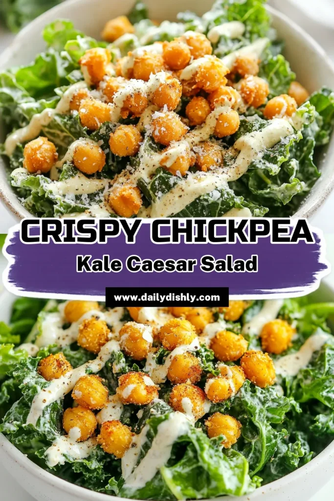 Elevate your greens with this delicious Kale Caesar Salad featuring Crispy Chickpeas! This Vegan Caesar Salad is not only flavorful but also packed with nutrients. The creamy Healthy Salad with Tahini dressing and the cheesy kick from the Nutritional Yeast Dressing make it irresistible. Perfect for any meal! Try this Crispy Chickpeas Recipe today and enjoy a crunchy, healthy twist on a classic dish. Save this recipe now! #KaleCaesarSalad #VeganRecipes #HealthyEating #ChickpeaLove