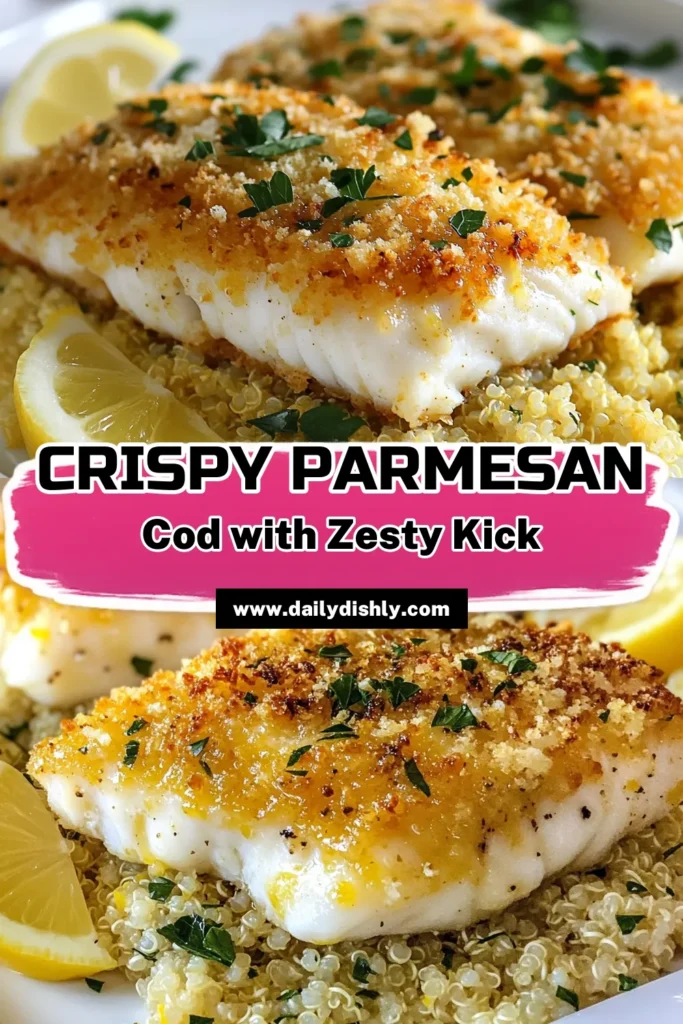 Discover a delicious and easy seafood dinner with this Parmesan crusted cod recipe! Enjoy crunchy cod fillets topped with a flavorful blend of Parmesan, breadcrumbs, and Dijon mustard for a zesty twist. This baked cod recipe is perfect for weeknight meals and impressing guests. Ready in just 25 minutes, you'll love serving this crispy and flavorful dish. Save this Parmesan crusted cod recipe for tasty inspiration! #SeafoodDinner #CodRecipe #EasyRecipes #HealthyEating