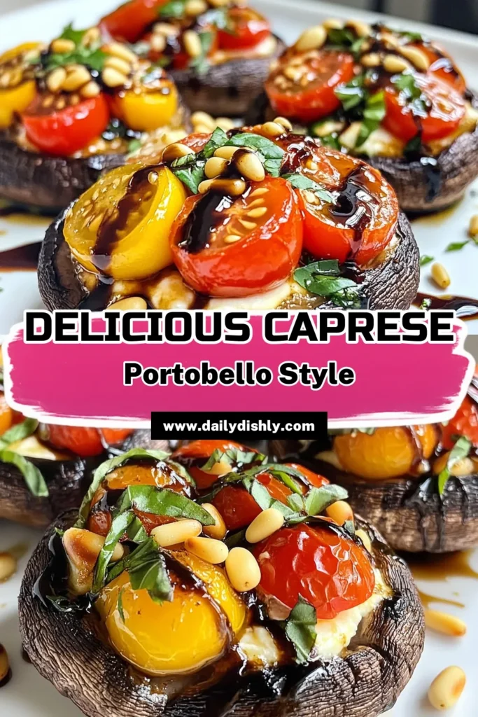 Discover the deliciousness of Caprese stuffed portobello mushrooms with this easy recipe! Perfect for a healthy meal, these baked portobello mushroom caps are filled with mozzarella and tomato, creating a mouthwatering pizza-inspired delight. Enjoy the best stuffed portobello recipe that’s sure to impress your guests. Try these healthy mushroom recipes today and save for later! #StuffedMushrooms #HealthyRecipes #Caprese #MushroomLovers