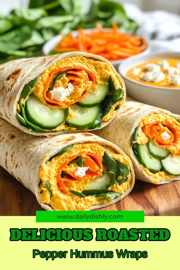Discover the deliciousness of Roasted Red Pepper Hummus Wraps! This healthy vegetarian wraps recipe featuring chickpea hummus tortilla wraps is perfect for an easy lunch. Packed with vibrant flavors and wholesome ingredients, it's a delightful way to enjoy whole wheat hummus recipes. Whip up these quick wraps in just 15 minutes and experience a nutritious meal that's bursting with taste. Save this recipe for your next lunch idea! #HealthyWraps #EasyLunch #VegetarianRecipes #HummusRecipes