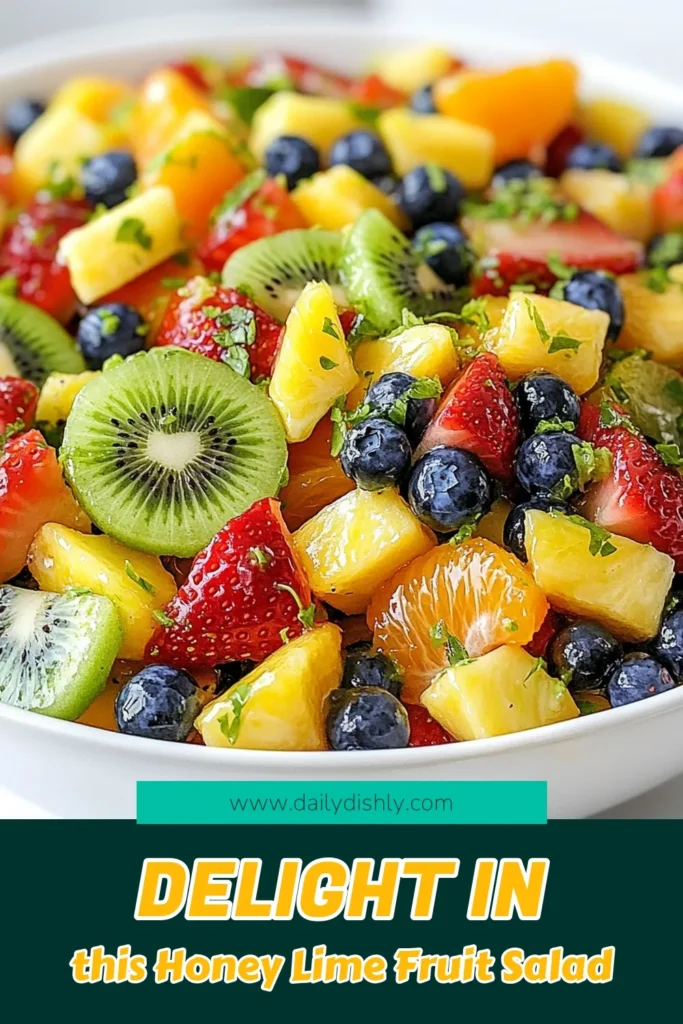 Looking for a refreshing summer treat? Try this honey lime fruit salad! It’s the perfect fresh fruit salad recipe for any occasion, combining strawberries, pineapple, blueberries, kiwis, and orange segments, all coated in a delicious honey-lime dressing. This healthy fruit salad is not only quick to make but also a vibrant addition to your summer menu. Save it for your next gathering and enjoy! #HoneyLimeFruitSalad #HealthyFruitSalad #SummerFruitSalad #QuickFruitSaladRecipe