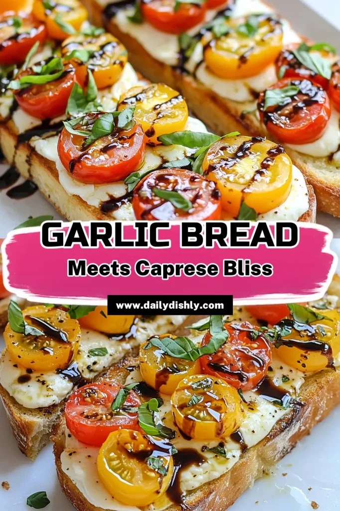 Discover the ultimate Caprese garlic bread recipe that's a must-try for your next gathering! This easy garlic bread with tomatoes combines the richness of baked mozzarella garlic bread and the freshness of basil for an irresistible Italian garlic bread appetizer. Quick to make and bursting with flavors, it's perfect for sharing. Don't miss out—save this recipe now for delicious moments! #CapreseGarlicBread #EasyGarlicBread #ItalianAppetizer #MozzarellaGarlicBread