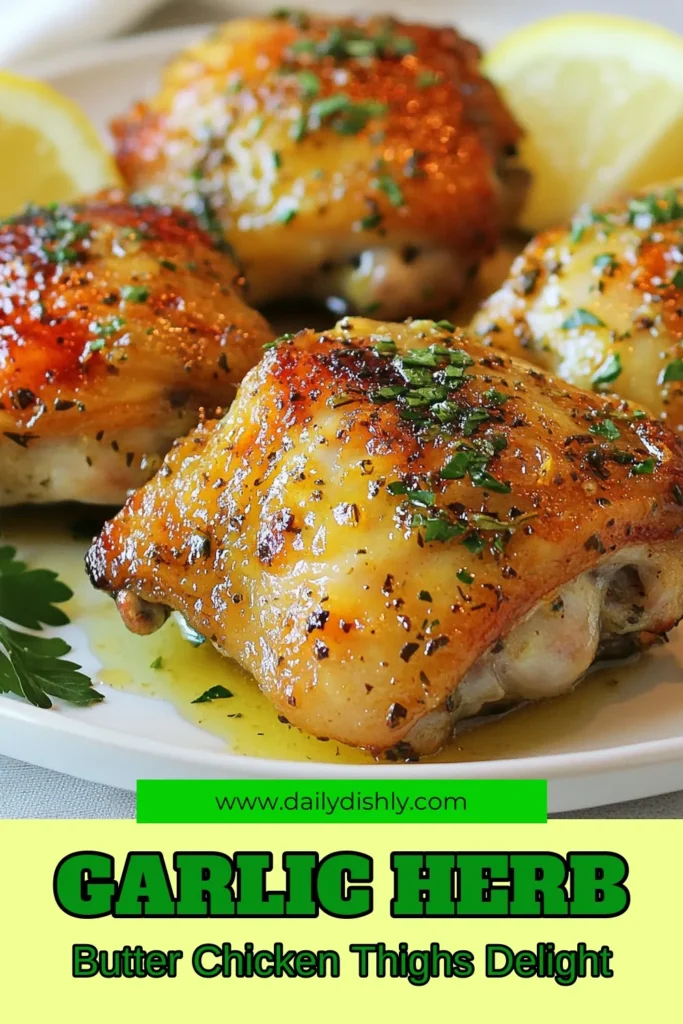 Indulge in this delicious Garlic Herb Butter Chicken that elevates your dinner with mouthwatering flavors. This baked chicken thighs recipe is perfect for an easy chicken thigh dinner, featuring juicy, flavorful chicken thighs with crispy skin. Ready in under an hour, this dish will impress anyone who tries it. Click to discover how to make the perfect garlic herb butter chicken at home! #ChickenThighs #EasyDinnerRecipes #ComfortFood #BakedChicken