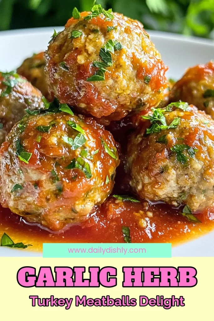 Discover the deliciousness of garlic herb turkey meatballs! This easy ground turkey meatballs recipe is perfect for busy nights and healthy eating. With simple ingredients like fresh parsley and parmesan, these homemade turkey meatballs are flavorful and nutritious. Whether served alone or with marinara sauce, they're a family favorite! Try this recipe and enjoy healthy turkey meatballs today. Save this for later! #TurkeyMeatballs #HealthyRecipes #EasyMeals #HomemadeCooking