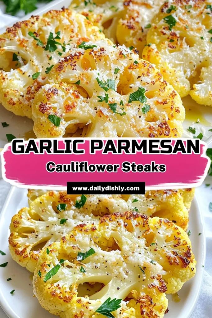 Discover the irresistible flavor of Garlic Parmesan Cauliflower Steaks with this easy roasted cauliflower recipe. Perfect as a healthy vegetarian side dish, these oven-roasted cauliflower steaks are packed with garlic and topped with melty Parmesan cheese. Ready in just 30 minutes, they make a delightful addition to any meal. Try this scrumptious recipe today and elevate your dinner! Save for later! #CauliflowerSteaks #RoastedCauliflower #VegetarianRecipes #HealthyEating