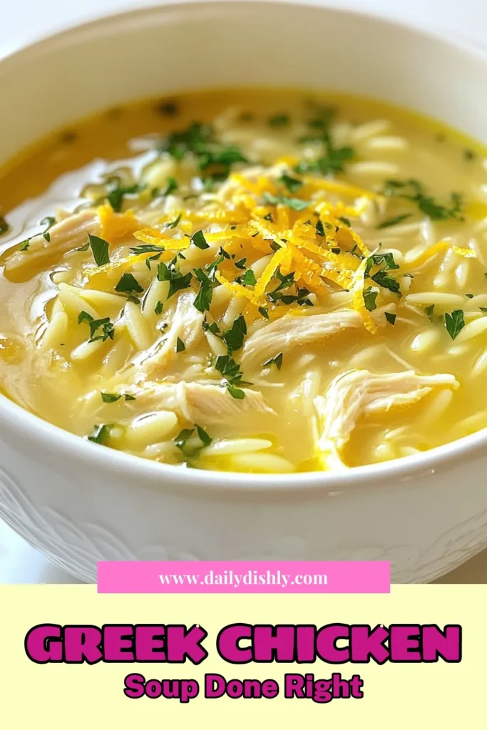 Discover the ultimate comfort food with this delicious Greek lemon chicken soup! This avgolemono recipe blends tender chicken, wholesome orzo, and zesty lemon for a healthy chicken soup that warms the soul. Packed with flavor and nutrients, this lemon chicken soup recipe is perfect for any day. Ready to savor this easy meal? Save this recipe for a cozy night in! #GreekLemonChickenSoup #AvgolemonoRecipe #HealthyChickenSoup #OrzoChickenSoup