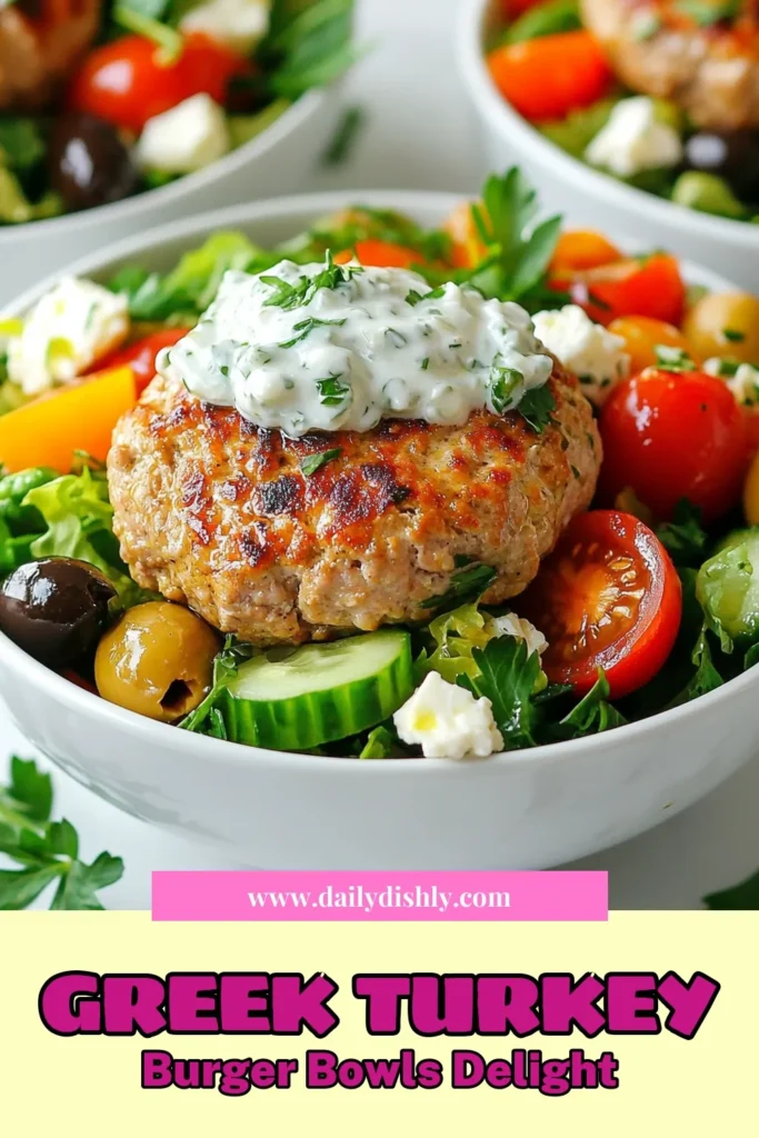 Looking for a delicious and nutritious meal? Try these Greek Turkey Burger Bowls, a healthy turkey burger recipe that combines Mediterranean flavors for a satisfying lunch or dinner. Featuring juicy turkey burger patties mixed with feta cheese, olives, and herbs, served over fresh greens for the perfect turkey burger salad bowl. Top with tzatziki sauce for extra flavor! Save this easy recipe for a tasty weeknight dinner. #HealthyEating #GreekRecipes #TurkeyBurger #MediterraneanMeals