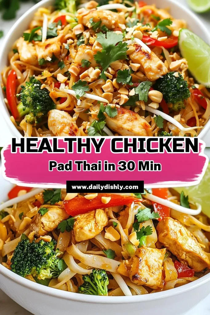 Discover the joy of a Healthy Chicken Pad Thai with this Easy Chicken Pad Thai Recipe! Featuring rice noodles and packed with fresh veggies, it's a delicious and nutritious Low Sodium Pad Thai perfect for a Quick Thai Dinner Recipe. In just 30 minutes, you can whip up a satisfying meal that's bursting with flavor. Don’t forget to save this recipe for night when you're craving Thai! #HealthyChickenPadThai #QuickDinner #RiceNoodlesRecipe #LowSodiumPadThai