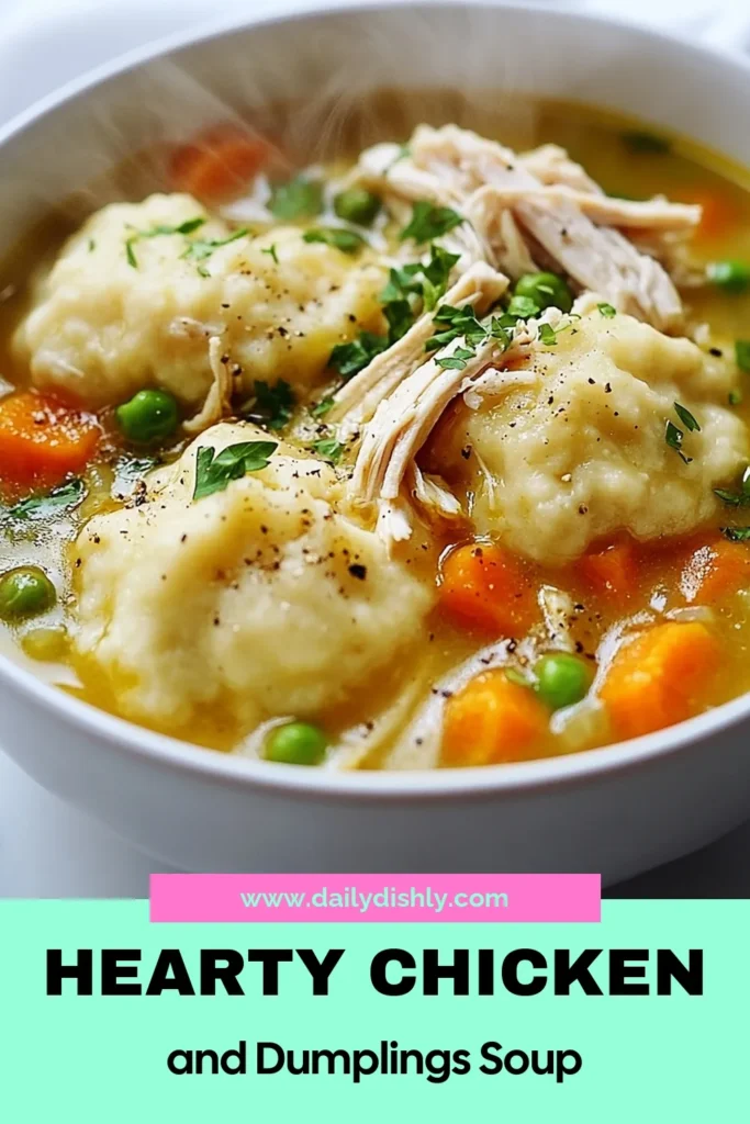 Discover the ultimate comfort food with this easy Chicken and Dumplings Soup recipe. Perfect for chilly nights, this comforting chicken soup recipe features homemade dumplings that are light and fluffy. Whip up this delicious chicken and dumplings recipe in just 50 minutes! Ready to indulge? Save this recipe for your next family dinner and enjoy warm, hearty goodness. #ChickenAndDumplingsSoup #ComfortFood #HomemadeDumplings #EasyChickenSoup