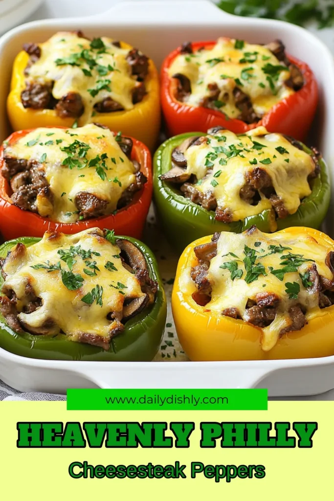 Discover the ultimate Philly cheesesteak stuffed peppers recipe that combines the classic flavors of a cheesesteak with the wholesome goodness of baked stuffed peppers. This easy cheesesteak recipe features tender bell peppers filled with seasoned beef, onions, mushrooms, and melty provolone cheese. Perfect for a hearty meal, these provolone cheese stuffed peppers are sure to impress. Don’t miss out—save this delicious stuffed bell pepper recipe today! #PhillyCheesesteak #StuffedPeppers #EasyRecipes #HealthyEating