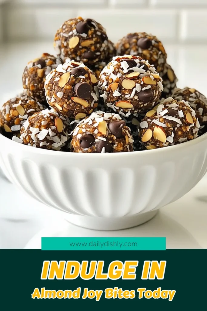 Looking for a delicious way to fuel your day? Try these Almond Joy energy bites! These healthy energy snacks are packed with nutritious ingredients like almond butter and shredded coconut, making them the perfect no-bake chocolate coconut bites. Whip up this easy almond butter recipe and enjoy a nutritious snack idea that’s kid-approved and great for meal prep. Save this recipe for a snack that's both satisfying and indulgent! #EnergyBites #HealthySnacks #NoBakeTreats #AlmondButterRecipes
