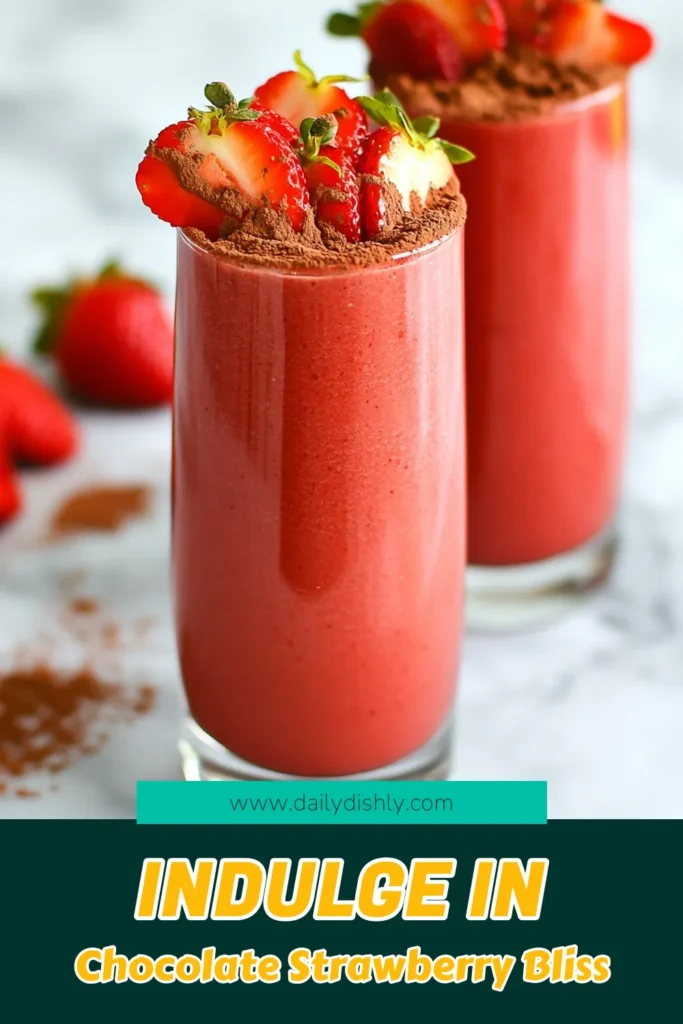Indulge in a deliciously healthy treat with this Chocolate Covered Strawberry Smoothie. Perfect for breakfast or a snack, this easy recipe combines fresh strawberries, frozen banana, and almond milk for a creamy blend. Boost your day with cocoa powder and Greek yogurt while enjoying a nutritious chocolate covered strawberry smoothie. Try this strawberry banana smoothie today! Save this recipe for your healthy smoothie recipes! #SmoothieRecipe #HealthyEating #ChocolateCoveredStrawberry #AlmondMilkRecipe