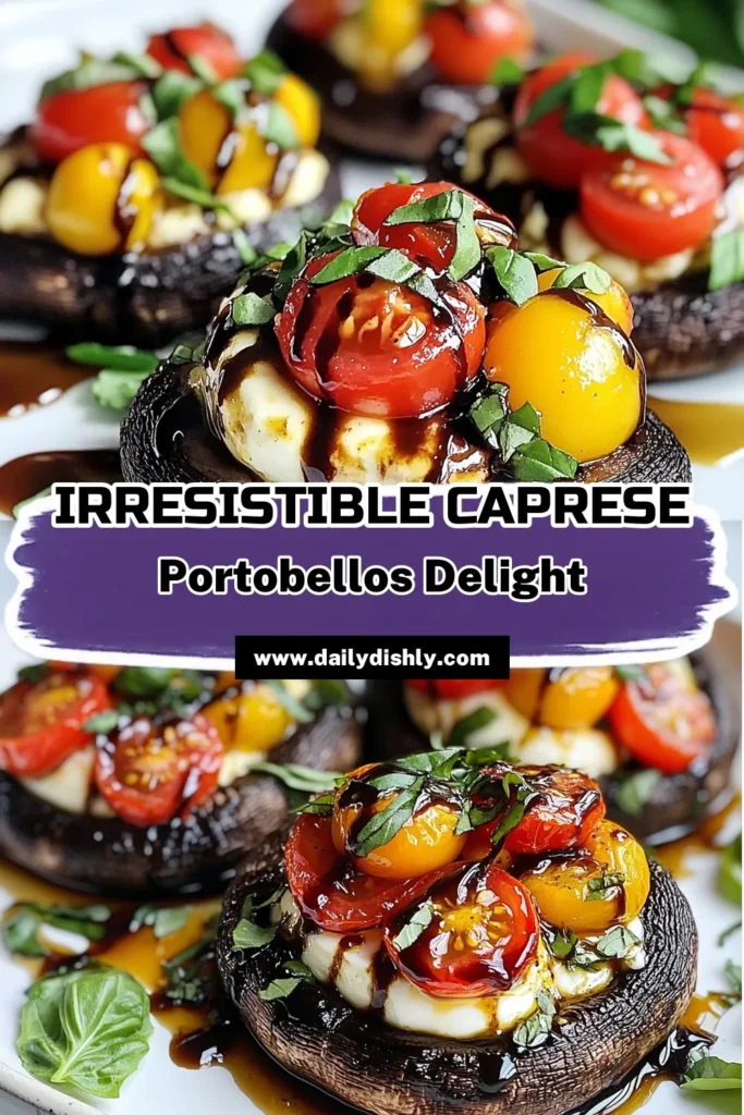 Discover the deliciousness of Caprese Stuffed Portobellos, a must-try in your collection of Portobello mushroom recipes. These Easy vegetarian appetizers are perfect for impressing your guests with minimal effort. Baked portobello mushrooms filled with fresh tomatoes, mozzarella, and basil make a delightful and healthy dish. Try this Mediterranean stuffed mushrooms recipe and elevate your next meal. Save this recipe for later! #CapreseStuffedPortobellos #VegetarianRecipes #EasyAppetizers #MushroomLovers