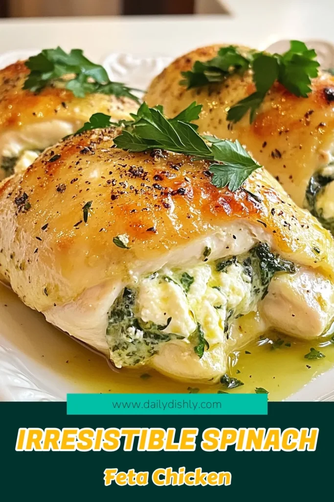 Indulge in this Creamy Spinach Feta Stuffed Chicken, the perfect easy chicken dinner recipe! This stuffed chicken breast recipe features tender chicken filled with a deliciously creamy spinach and feta mixture. It's not only healthy but also a satisfying meal for any night. Try this spinach feta stuffed chicken tonight and impress your family! Save this healthy stuffed chicken recipe for later! #ChickenRecipes #HealthyEating #DinnerIdeas #EasyRecipes