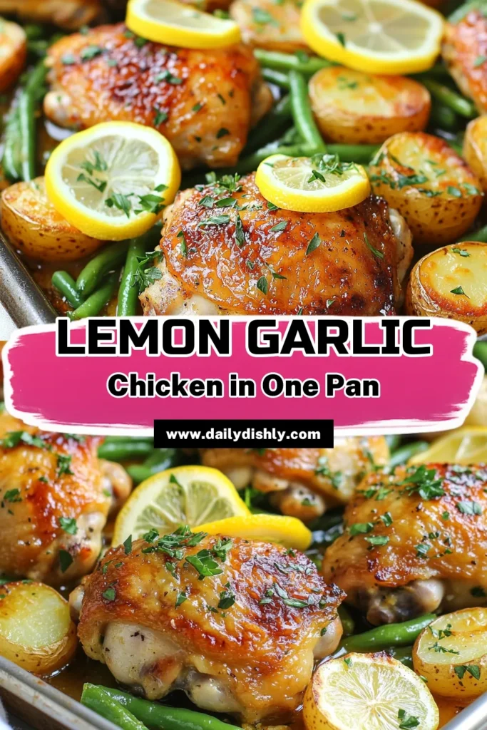 Looking for a deliciously zesty lemon garlic chicken meal? Try this easy sheet pan chicken recipe featuring juicy garlic chicken thighs, vibrant baby potatoes, and fresh green beans. This one pan lemon chicken dinner is not only healthy but also a breeze to prepare! Perfect for busy weeknights. Don’t forget to save this healthy chicken and vegetables recipe for your next family dinner! #SheetPanRecipes #LemonGarlicChicken #HealthyEating #EasyDinnerIdeas