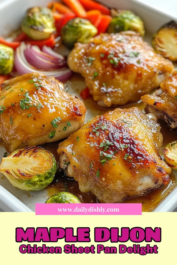 Looking for a delicious meal that’s both easy and satisfying? Try this Maple Dijon chicken recipe featuring tender chicken thighs and roasted Brussels sprouts and chicken on a convenient sheet pan. The sweet and savory glaze of maple syrup and Dijon mustard makes this sheet pan chicken dinner a family favorite. Perfect for a quick weeknight meal! Don’t miss out – save this recipe now! #SheetPanDinner #MapleDijonChicken #EasyChickenRecipe #RoastedVeggies