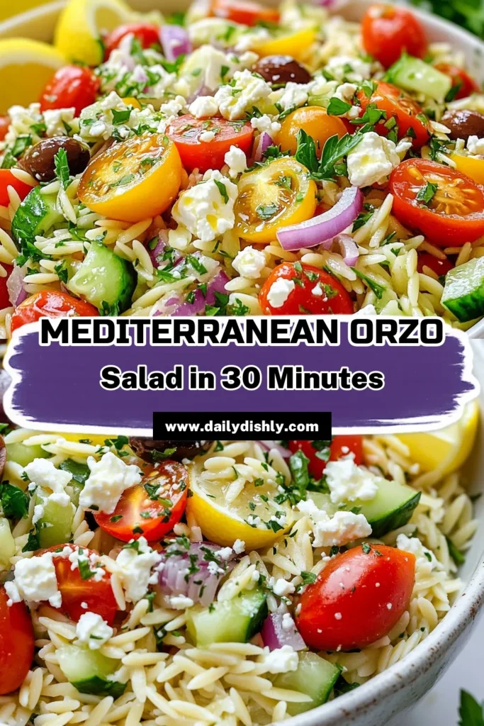 Looking for a refreshing summer side dish? Try this Mediterranean orzo salad packed with vibrant ingredients like cherry tomatoes, cucumbers, and feta cheese. This healthy orzo recipe is not only delicious but also easy to make, perfect for warm days. Serve it as a delightful chilled orzo salad at your next gathering. Save this Greek pasta salad recipe and enjoy a taste of the Mediterranean! #GreekOrzoSalad #HealthyRecipes #SummerSideDishes #MediterraneanSalad