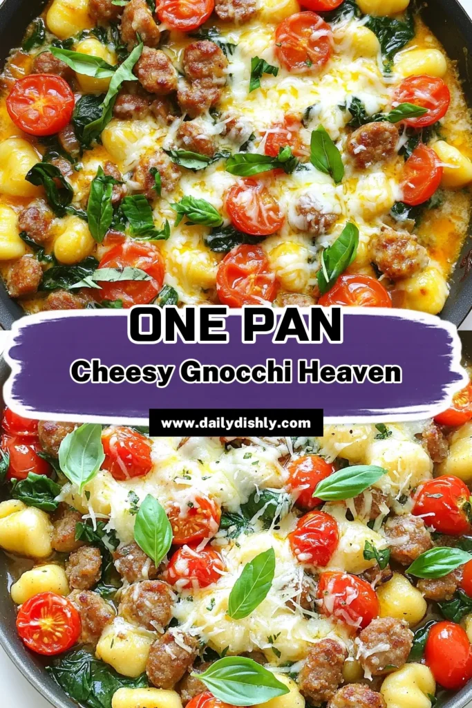 Indulge in this Cheesy Sausage Gnocchi One Pan dish that’s sure to become a family favorite! Made with Italian sausage, gnocchi, vibrant cherry tomatoes, fresh spinach, and gooey mozzarella, this easy recipe combines rich flavors with minimal cleanup. Perfect for busy weeknights, this meal is quick and delicious. Click to explore the full recipe and elevate your dinner tonight! #CheesyGnocchi #OnePanMeals #QuickDinner #ComfortFood
