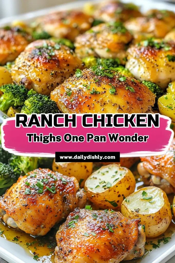 Looking for a delicious ranch chicken thighs recipe? Try this easy chicken thigh dinner that's perfect for busy weeknights! This sheet pan dinner features juicy ranch chicken thighs, roasted chicken and potatoes, and vibrant broccoli, making it a hit with the whole family. Quick to prep and packed with flavor, it’s an ideal choice for family-friendly meals. Save this recipe now for your next dinner idea! #RanchChickenThighs #SheetPanDinner #EasyChickenDinner #FamilyFriendlyMeals