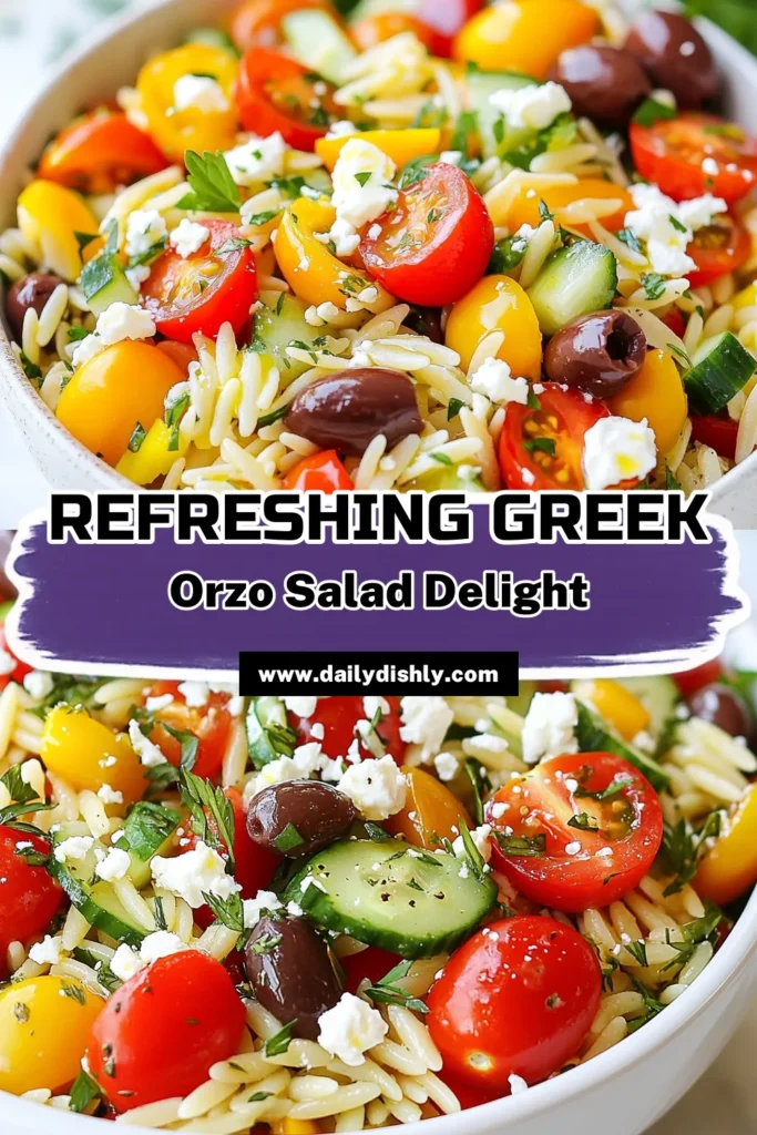 Discover the refreshing taste of Greek Orzo Salad with Feta! This delightful Mediterranean pasta salad features orzo pasta, cherry tomatoes, cucumbers, and Kalamata olives, all topped with creamy feta cheese. Perfect for a healthy Greek salad that’s vibrant and flavorful. Ideal for meal prep or party sides, this Orzo Salad with Olives is sure to impress. Try it today and elevate your summer meals! Save for your next gathering! #GreekOrzoSalad #FetaCheeseRecipes #MediterraneanPastaSalad #HealthyRecipes