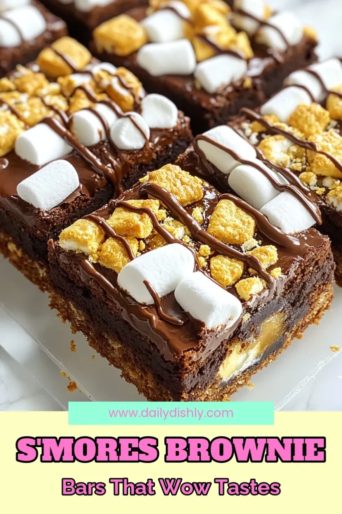 Indulge in these delightful S'mores brownie bars, the perfect chocolate marshmallow dessert that everyone will love! This easy brownie recipe combines decadent chocolate with fluffy marshmallows and crunchy graham crackers, making homemade s'mores treats a breeze. Baked brownie dessert perfection awaits you! Save this recipe for your next gathering and enjoy a sweet slice of nostalgia. #SmoreBrownieBars #EasyBrownieRecipe #ChocolateMarshmallowDessert #HomemadeS'moresTreats