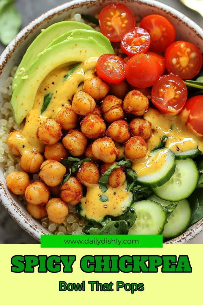 Discover the deliciousness of a Spicy Chickpea Buddha Bowl! This Vegan Buddha Bowl Recipe features crispy roasted chickpeas, fresh veggies, healthy quinoa, and a creamy tahini dressing that everyone will love. Perfect for a nutritious meal, this Roasted Chickpeas Salad is not only easy to make but packed with flavor. Try this Healthy Quinoa Bowl and elevate your meal prep! Click to save the recipe and enjoy! #VeganRecipes #BuddhaBowl #HealthyEating #MealPrepIdeas