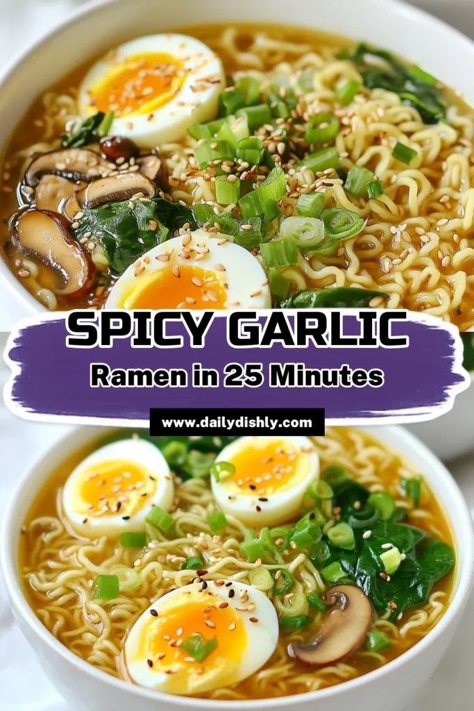 Looking for a delicious twist on your dinner routine? This spicy garlic ramen recipe is perfect for you! With homemade ramen noodles, this quick ramen dish comes together in just 25 minutes. Dive into flavorful ramen broth, infused with garlic, ginger, and chili paste for that extra kick. Perfect for an easy spicy ramen meal any day of the week. Try it, save it, and spice up your cooking tonight! #SpicyGarlicRamen #HomemadeRamen #QuickDinner #RamenRecipe