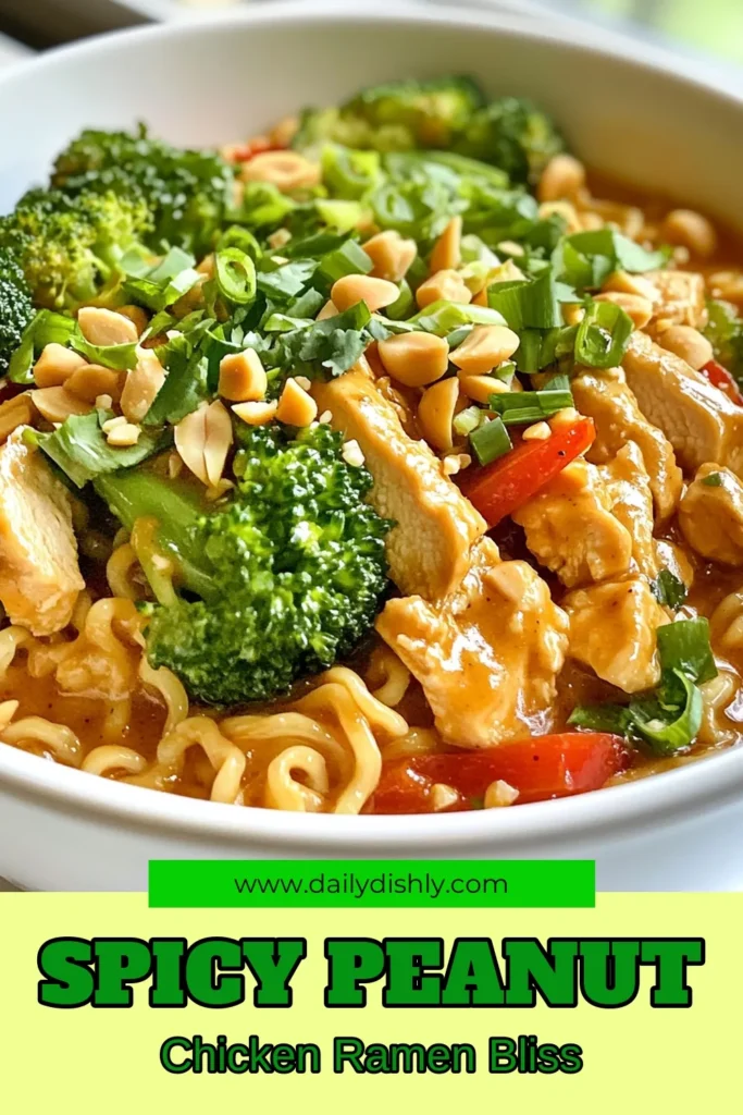Looking for a delicious twist on a classic dish? Try this Spicy Peanut Chicken Ramen! This quick and easy dinner recipe combines tender chicken in a rich peanut butter sauce with fresh veggies and ramen noodles for a satisfying meal. Perfect for busy nights, this Chicken Ramen Soup will impress everyone at the table. Save this recipe for your next dinner! #SpicyPeanutChickenRamen #RamenNoodleRecipes #ChickenRamenSoup #EasyDinnerRecipes